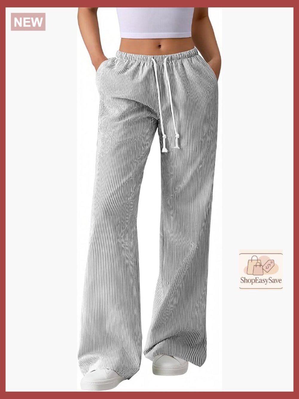 Striped Wide Leg Pants Drawstring Elastic High Waist Casual Trousers Pockets Y2K